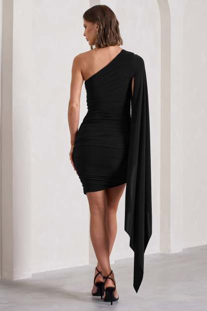 Palmer Black Ruched One-Shoulder Asymmetric Mini Dress With Cape Sleeve-Babyboo Dress Store. All Rights Reserved.
