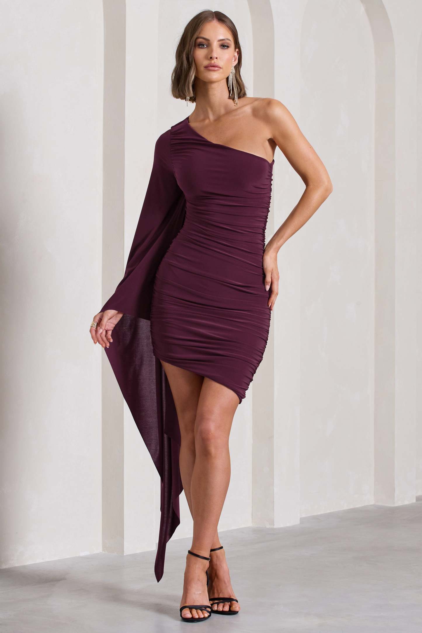 Palmer Burgundy Ruched One-Shoulder Asymmetric Mini Dress With Cape Sleeve-Babyboo Dress Store. All Rights Reserved.