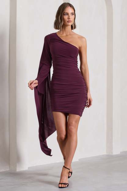 Palmer Burgundy Ruched One-Shoulder Asymmetric Mini Dress With Cape Sleeve-Babyboo Dress Store. All Rights Reserved.