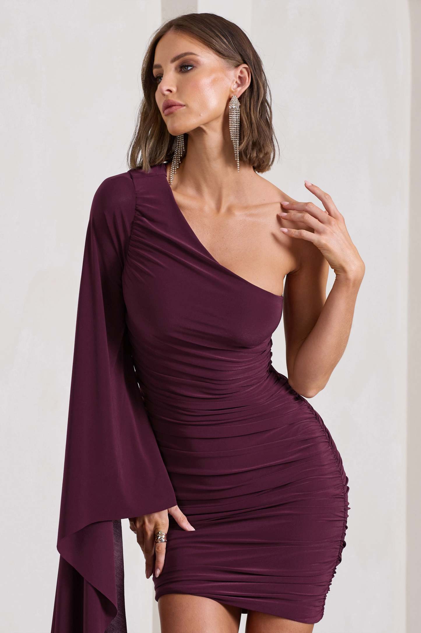 Palmer Burgundy Ruched One-Shoulder Asymmetric Mini Dress With Cape Sleeve-Babyboo Dress Store. All Rights Reserved.