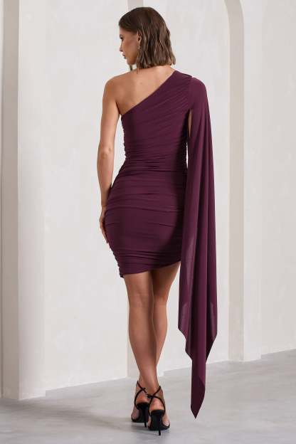 Palmer Burgundy Ruched One-Shoulder Asymmetric Mini Dress With Cape Sleeve-Babyboo Dress Store. All Rights Reserved.