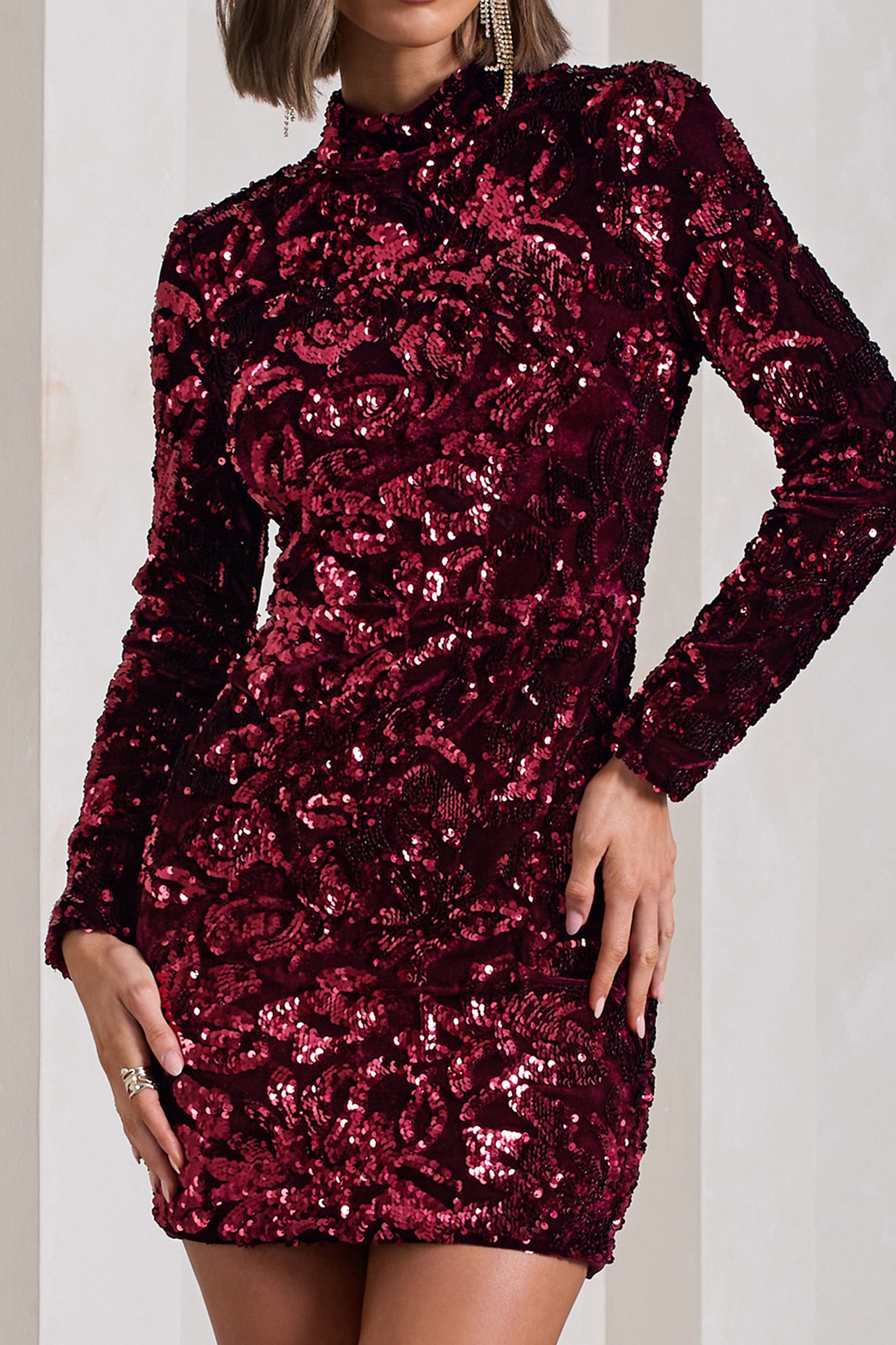 My Light Berry Sequin High-Neck Long-Sleeve Bodycon Mini Dress-Babyboo Dress Store. All Rights Reserved.