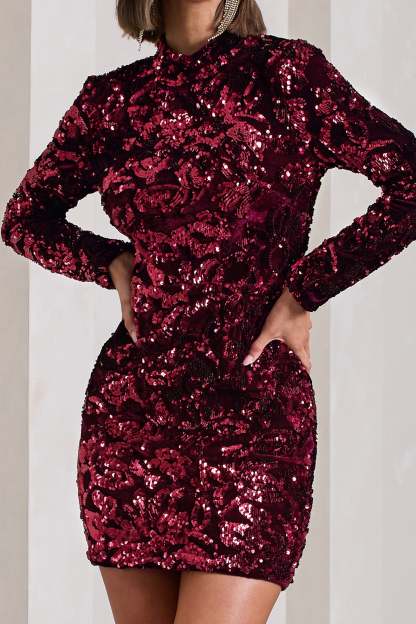 My Light Berry Sequin High-Neck Long-Sleeve Bodycon Mini Dress-Babyboo Dress Store. All Rights Reserved.