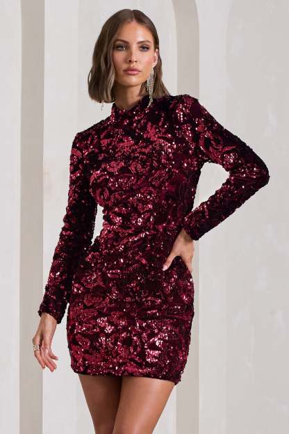 My Light Berry Sequin High-Neck Long-Sleeve Bodycon Mini Dress-Babyboo Dress Store. All Rights Reserved.