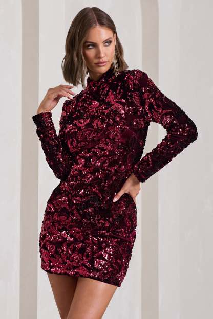 My Light Berry Sequin High-Neck Long-Sleeve Bodycon Mini Dress-Babyboo Dress Store. All Rights Reserved.