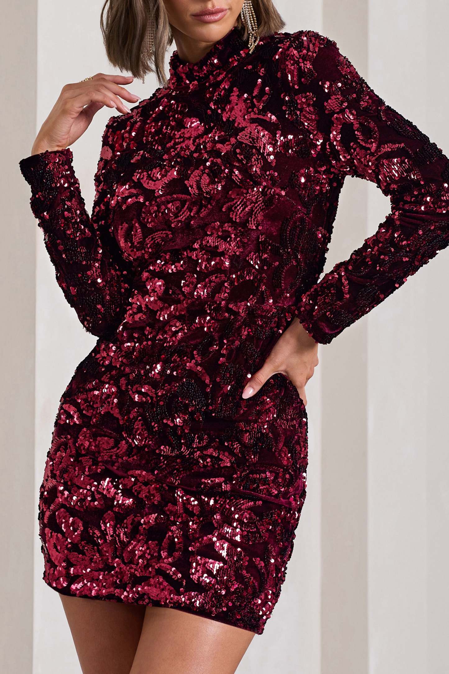 My Light Berry Sequin High-Neck Long-Sleeve Bodycon Mini Dress-Babyboo Dress Store. All Rights Reserved.