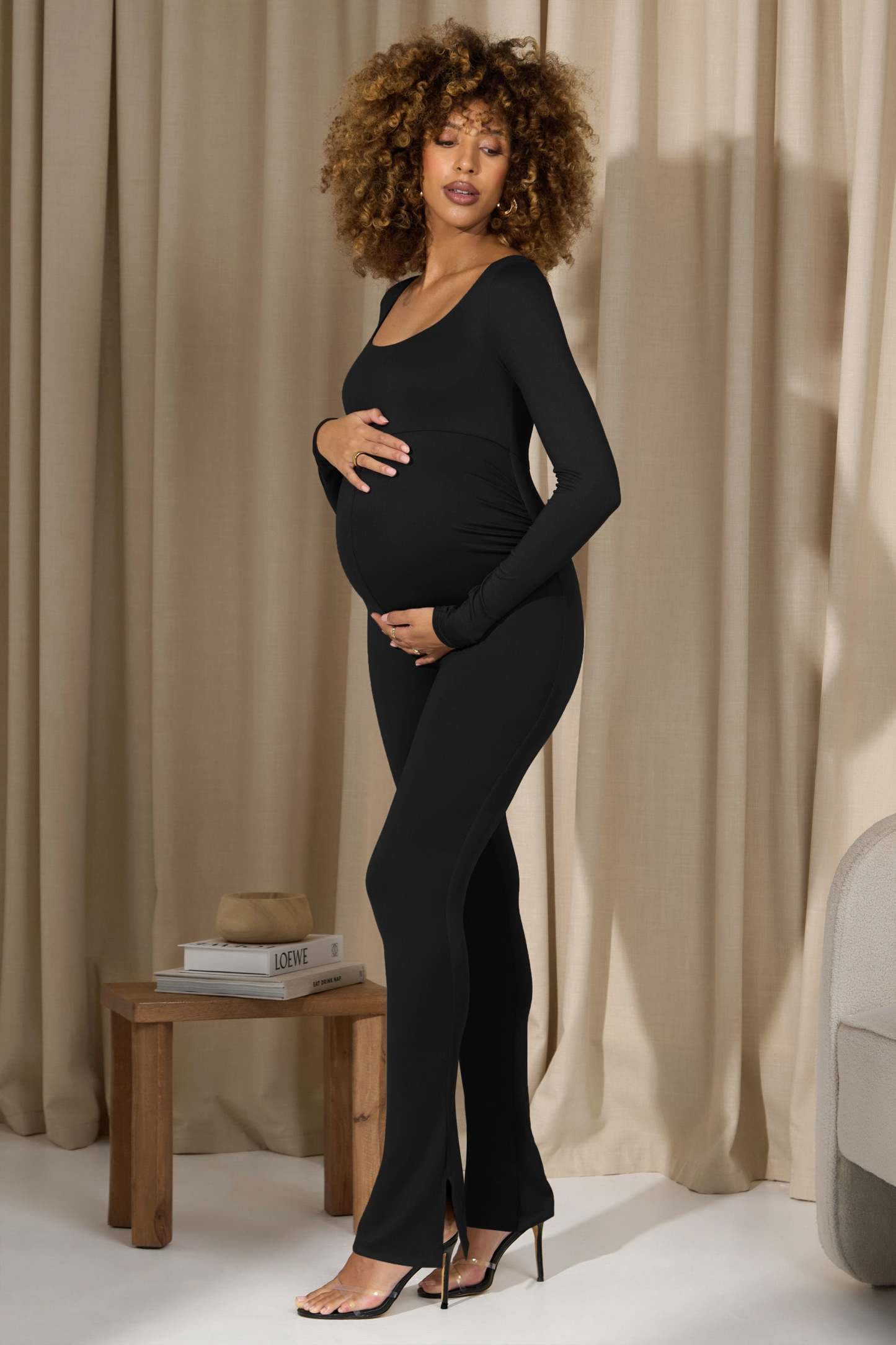 Clover Black Square-Neck Slim-Leg Maternity Jumpsuit-Babyboo Dress Store. All Rights Reserved.