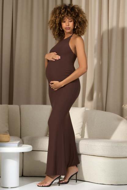 Perrie Chocolate Brown Halter-Neck Maternity Maxi Dress-Babyboo Dress Store. All Rights Reserved.
