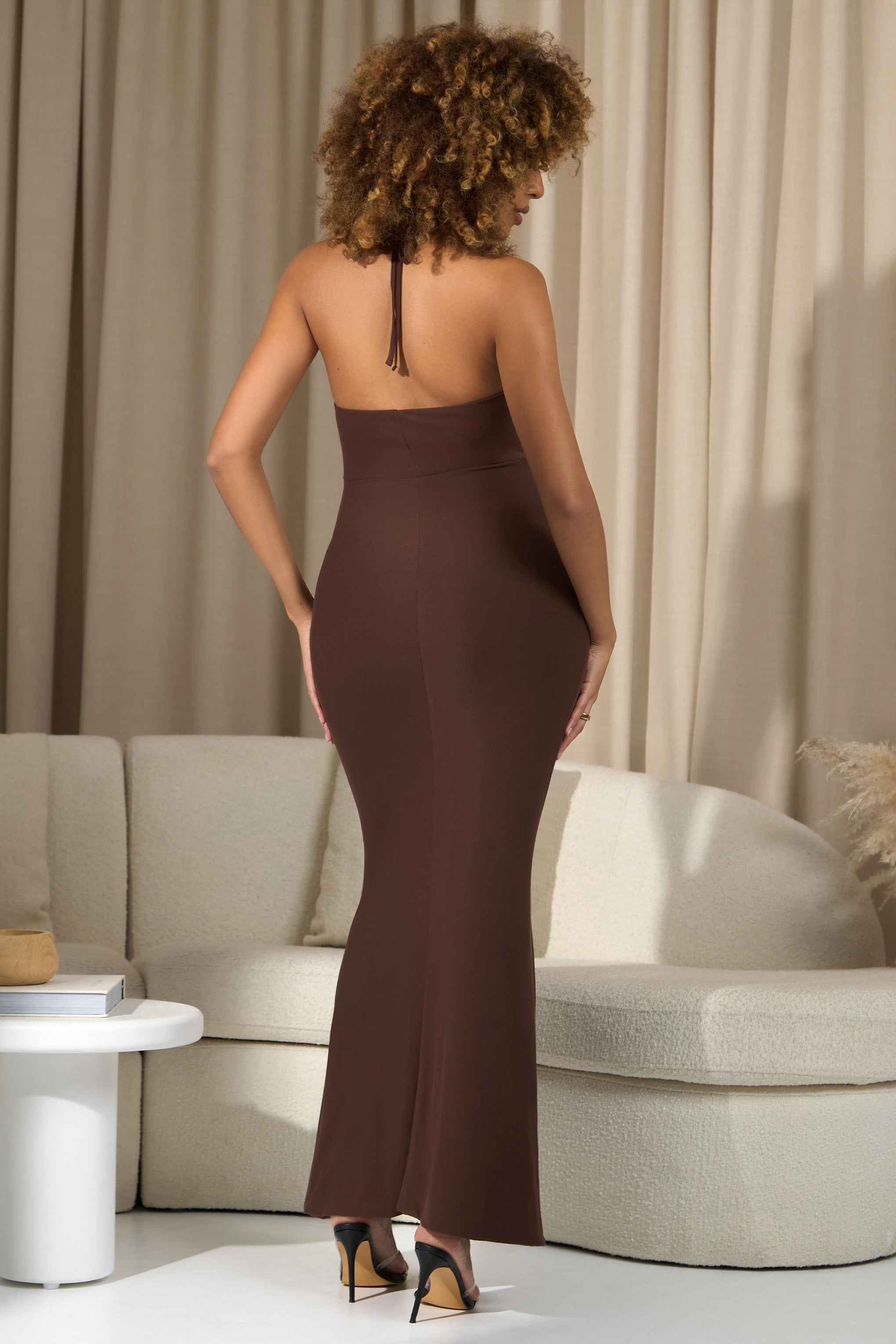 Perrie Chocolate Brown Halter-Neck Maternity Maxi Dress-Babyboo Dress Store. All Rights Reserved.