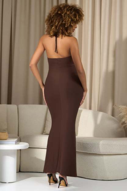 Perrie Chocolate Brown Halter-Neck Maternity Maxi Dress-Babyboo Dress Store. All Rights Reserved.