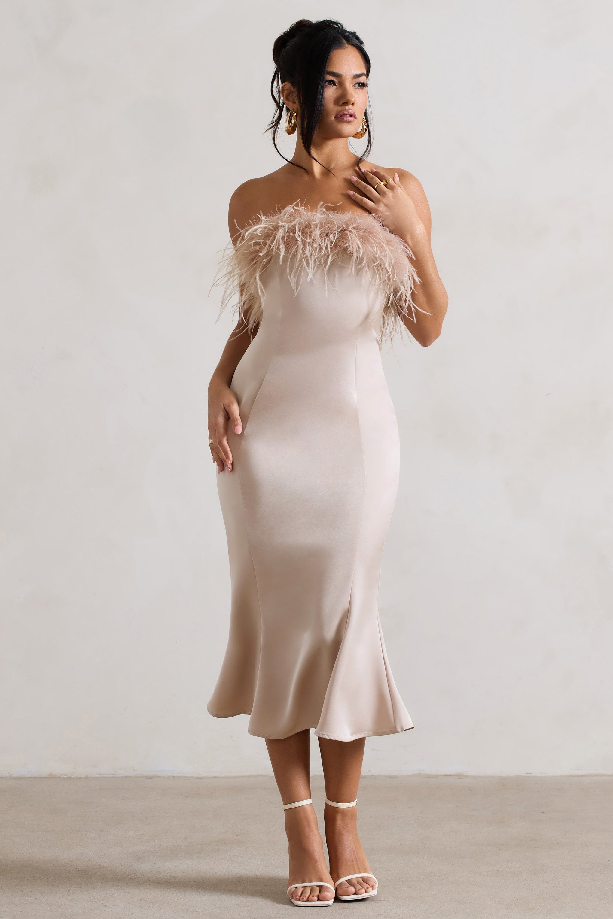 One And Only Champagne Satin Feather Trim Midi Dress-Babyboo Dress Store. All Rights Reserved.