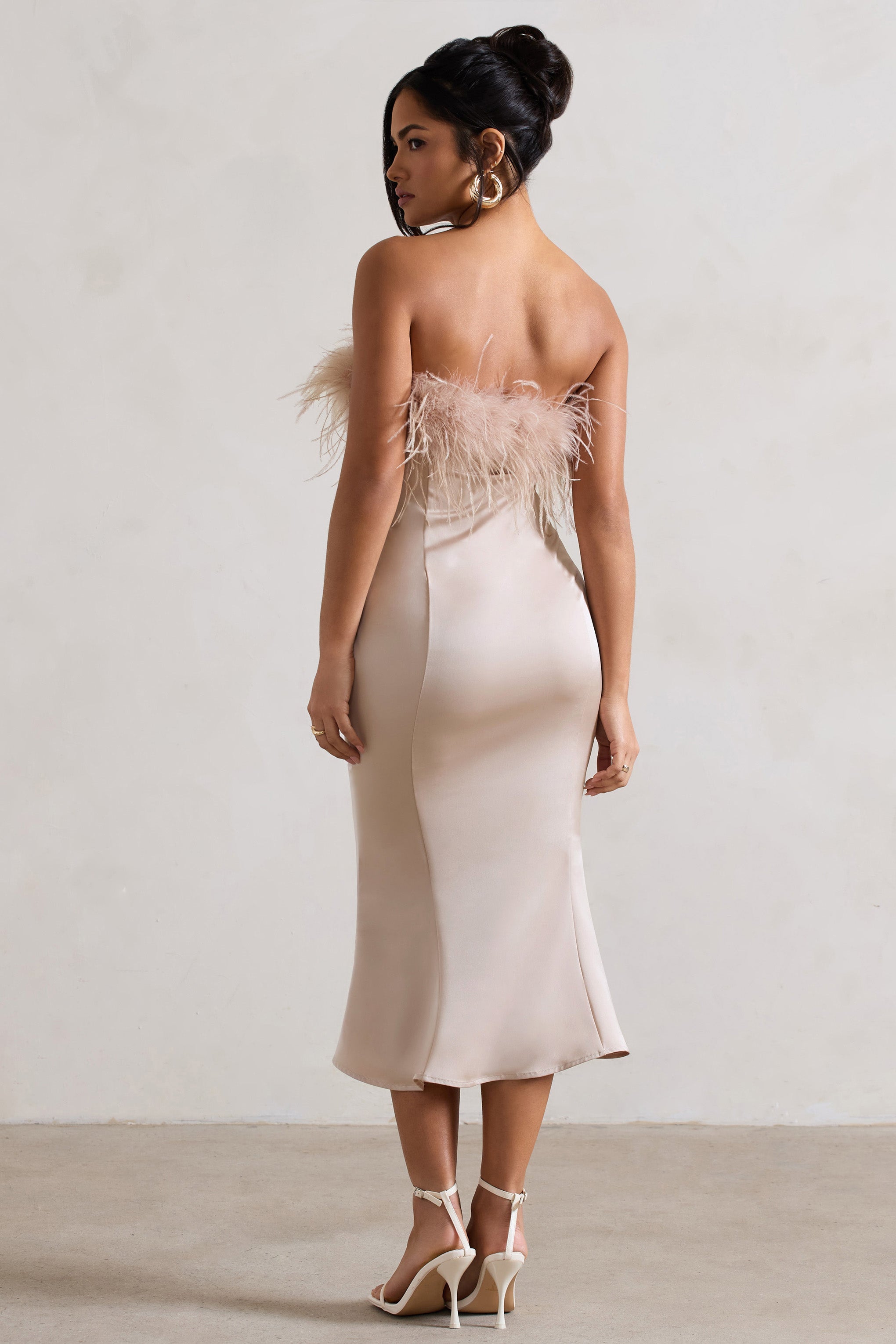 One And Only Champagne Satin Feather Trim Midi Dress-Babyboo Dress Store. All Rights Reserved.