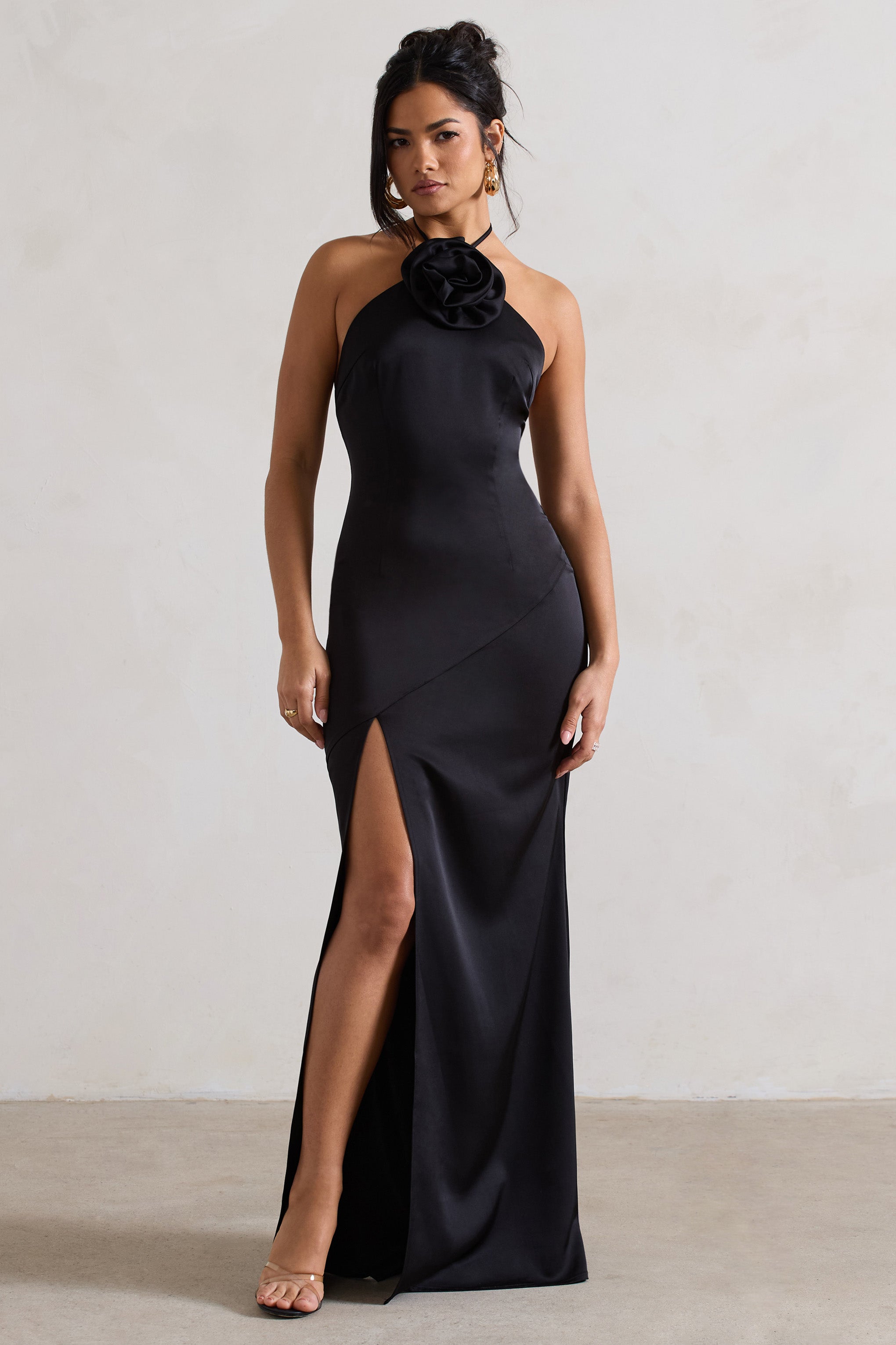 Cesca Black Satin Halter-Neck Maxi Dress With Flower Corsage-Babyboo Dress Store. All Rights Reserved.