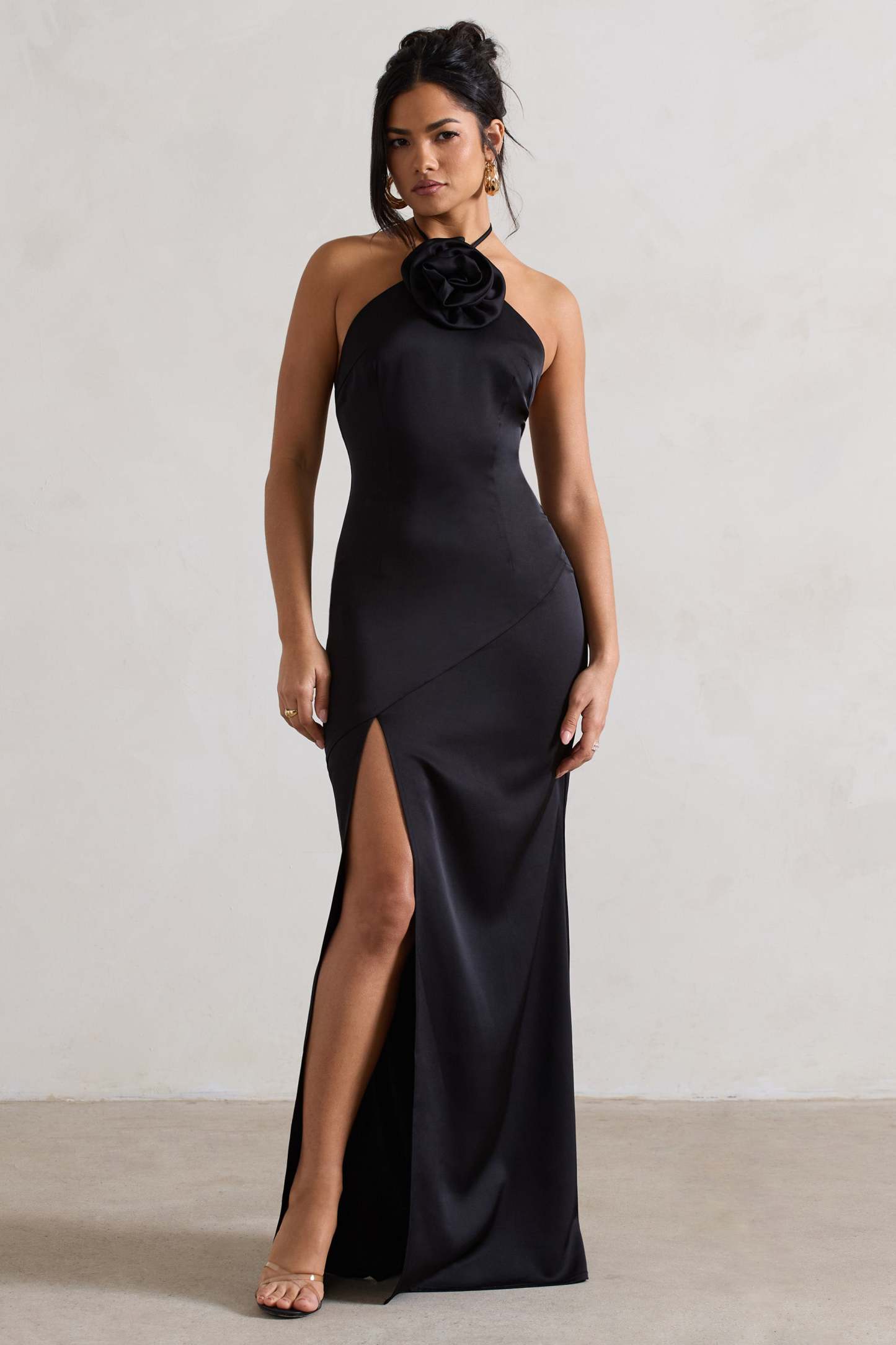 Cesca Black Satin Halter-Neck Maxi Dress With Flower Corsage-Babyboo Dress Store. All Rights Reserved.