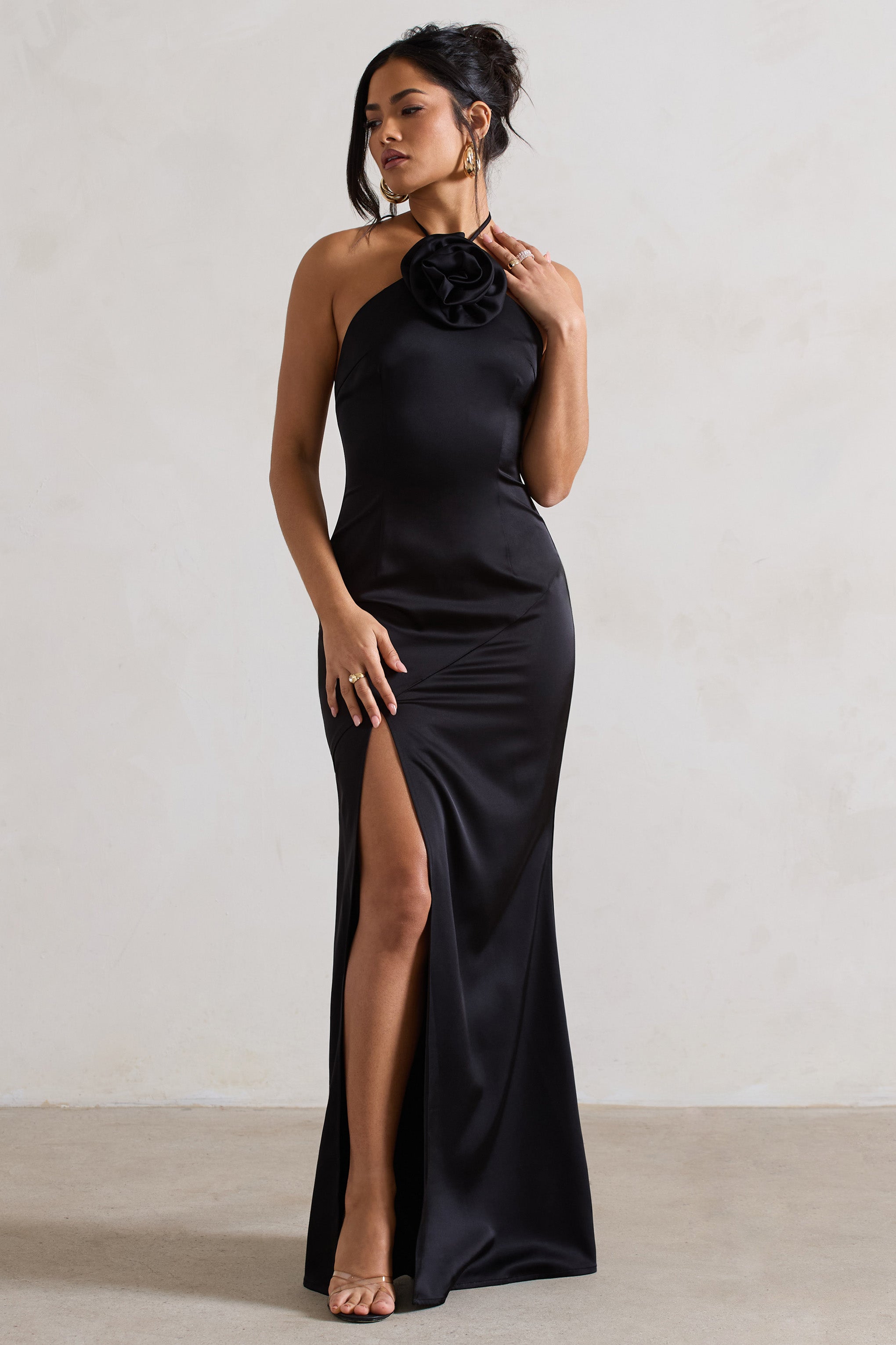 Cesca Black Satin Halter-Neck Maxi Dress With Flower Corsage-Babyboo Dress Store. All Rights Reserved.