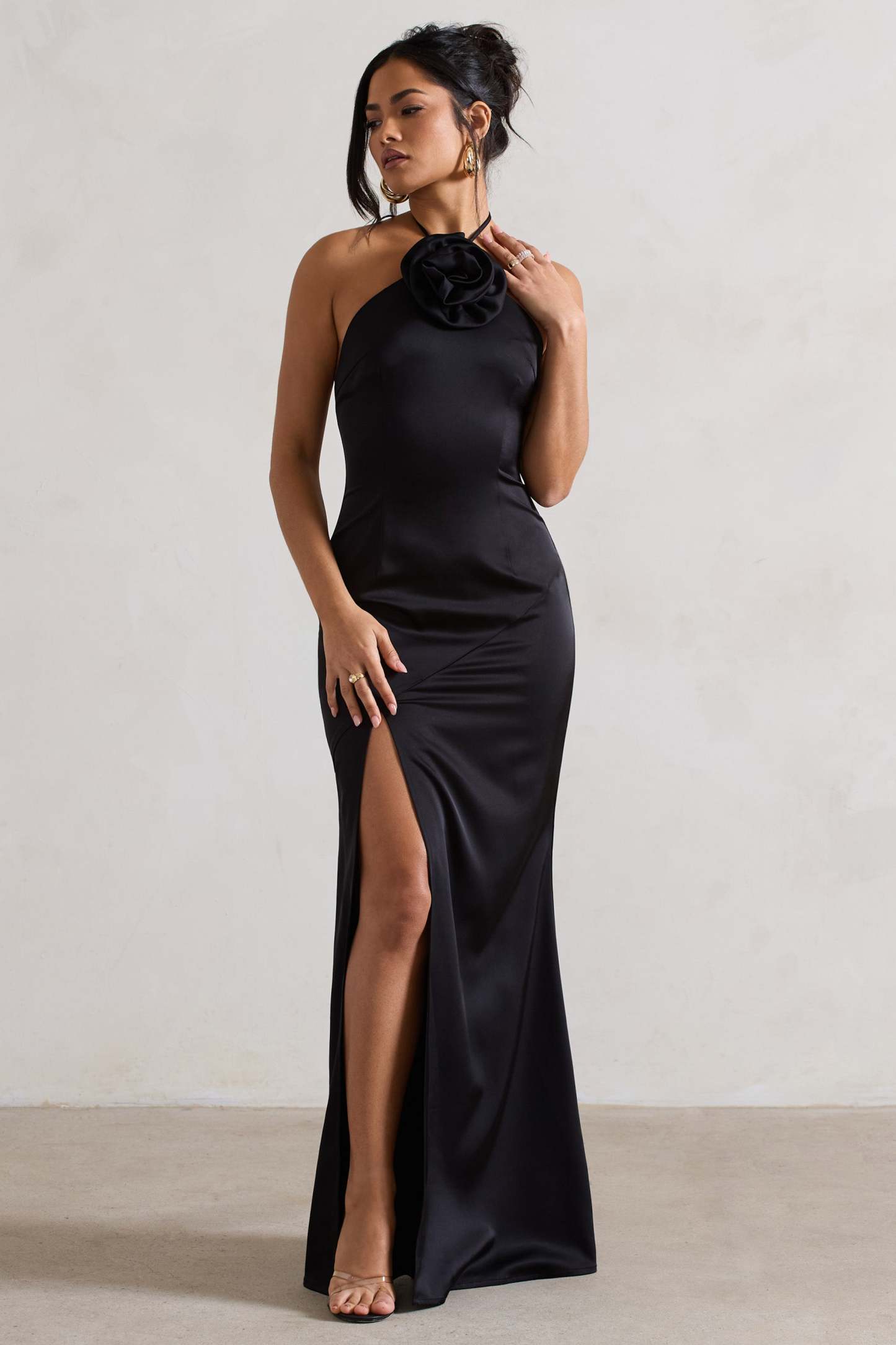 Cesca Black Satin Halter-Neck Maxi Dress With Flower Corsage-Babyboo Dress Store. All Rights Reserved.