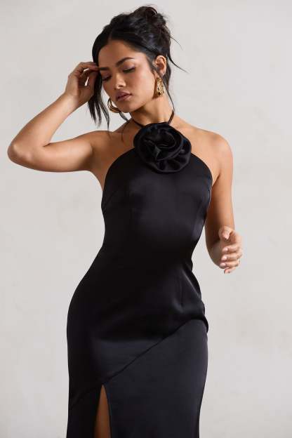 Cesca Black Satin Halter-Neck Maxi Dress With Flower Corsage-Babyboo Dress Store. All Rights Reserved.