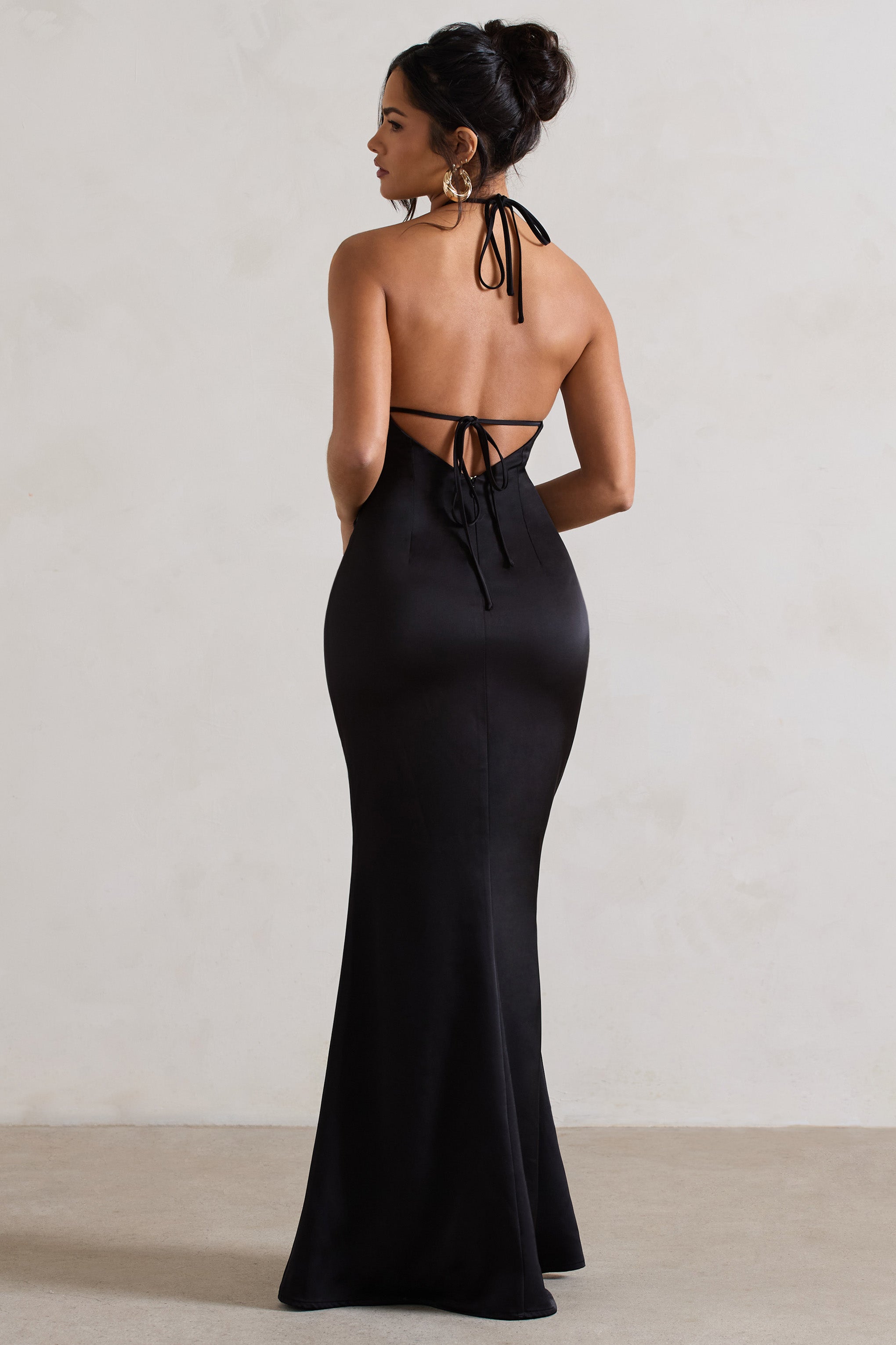 Cesca Black Satin Halter-Neck Maxi Dress With Flower Corsage-Babyboo Dress Store. All Rights Reserved.