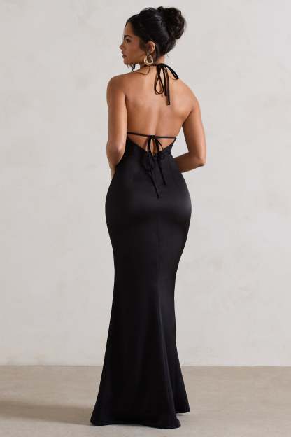 Cesca Black Satin Halter-Neck Maxi Dress With Flower Corsage-Babyboo Dress Store. All Rights Reserved.