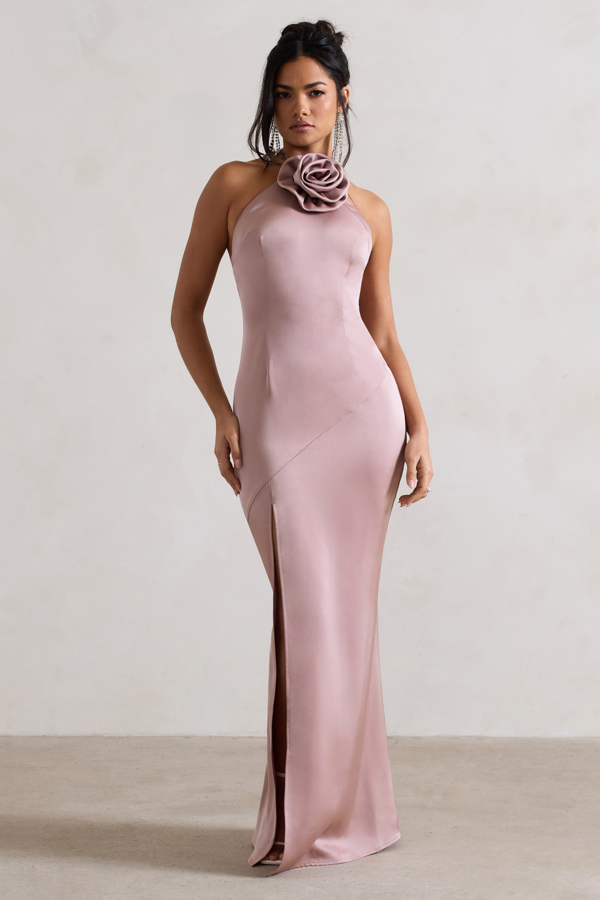 Cesca Blush Pink Satin Halter-Neck Maxi Dress With Flower Corsage-Babyboo Dress Store. All Rights Reserved.
