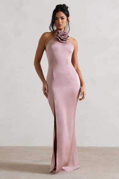 Cesca Blush Pink Satin Halter-Neck Maxi Dress With Flower Corsage-Babyboo Dress Store. All Rights Reserved.