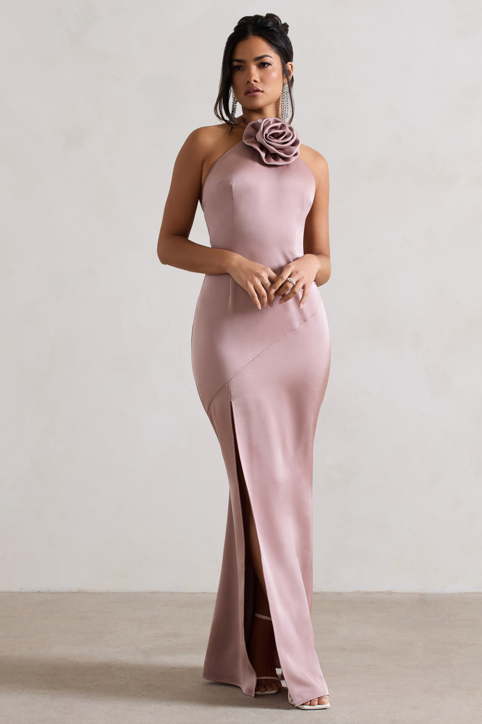 Cesca Blush Pink Satin Halter-Neck Maxi Dress With Flower Corsage-Babyboo Dress Store. All Rights Reserved.