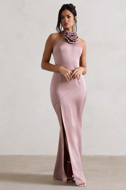 Cesca Blush Pink Satin Halter-Neck Maxi Dress With Flower Corsage-Babyboo Dress Store. All Rights Reserved.