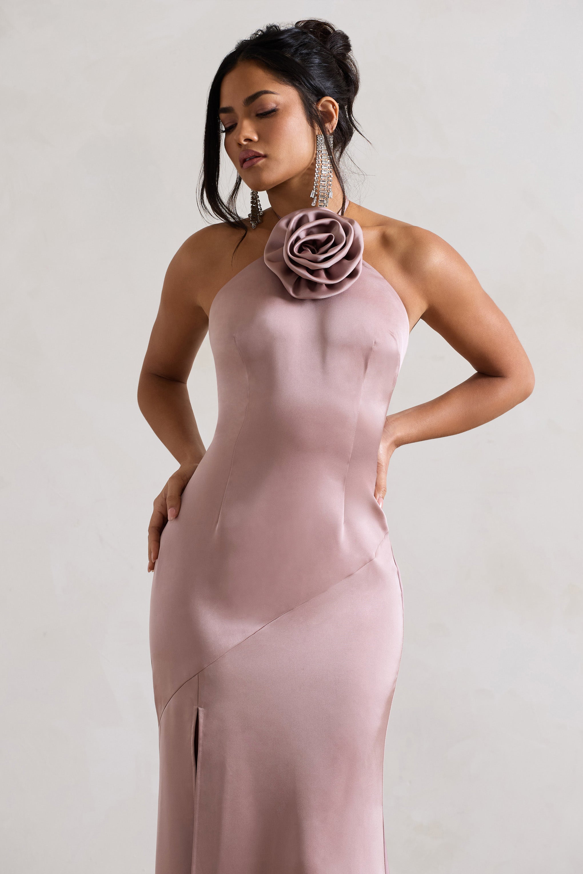 Cesca Blush Pink Satin Halter-Neck Maxi Dress With Flower Corsage-Babyboo Dress Store. All Rights Reserved.