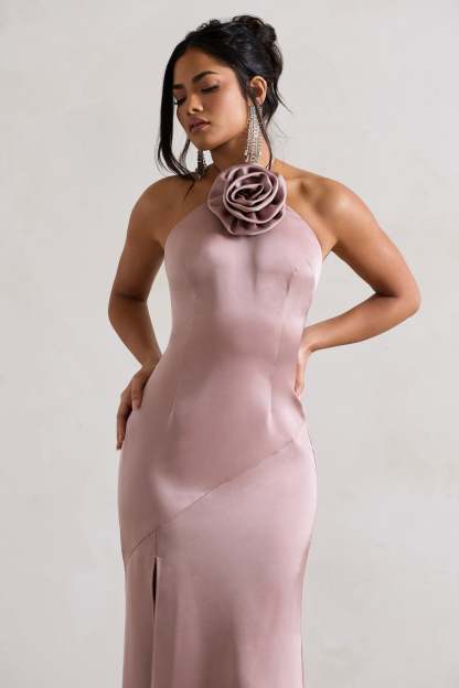 Cesca Blush Pink Satin Halter-Neck Maxi Dress With Flower Corsage-Babyboo Dress Store. All Rights Reserved.