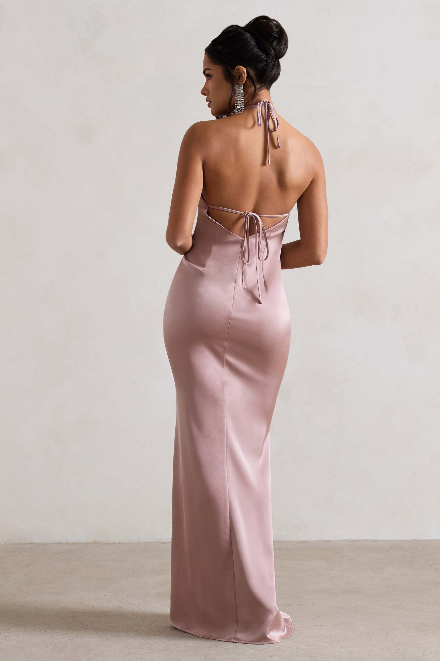 Cesca Blush Pink Satin Halter-Neck Maxi Dress With Flower Corsage-Babyboo Dress Store. All Rights Reserved.