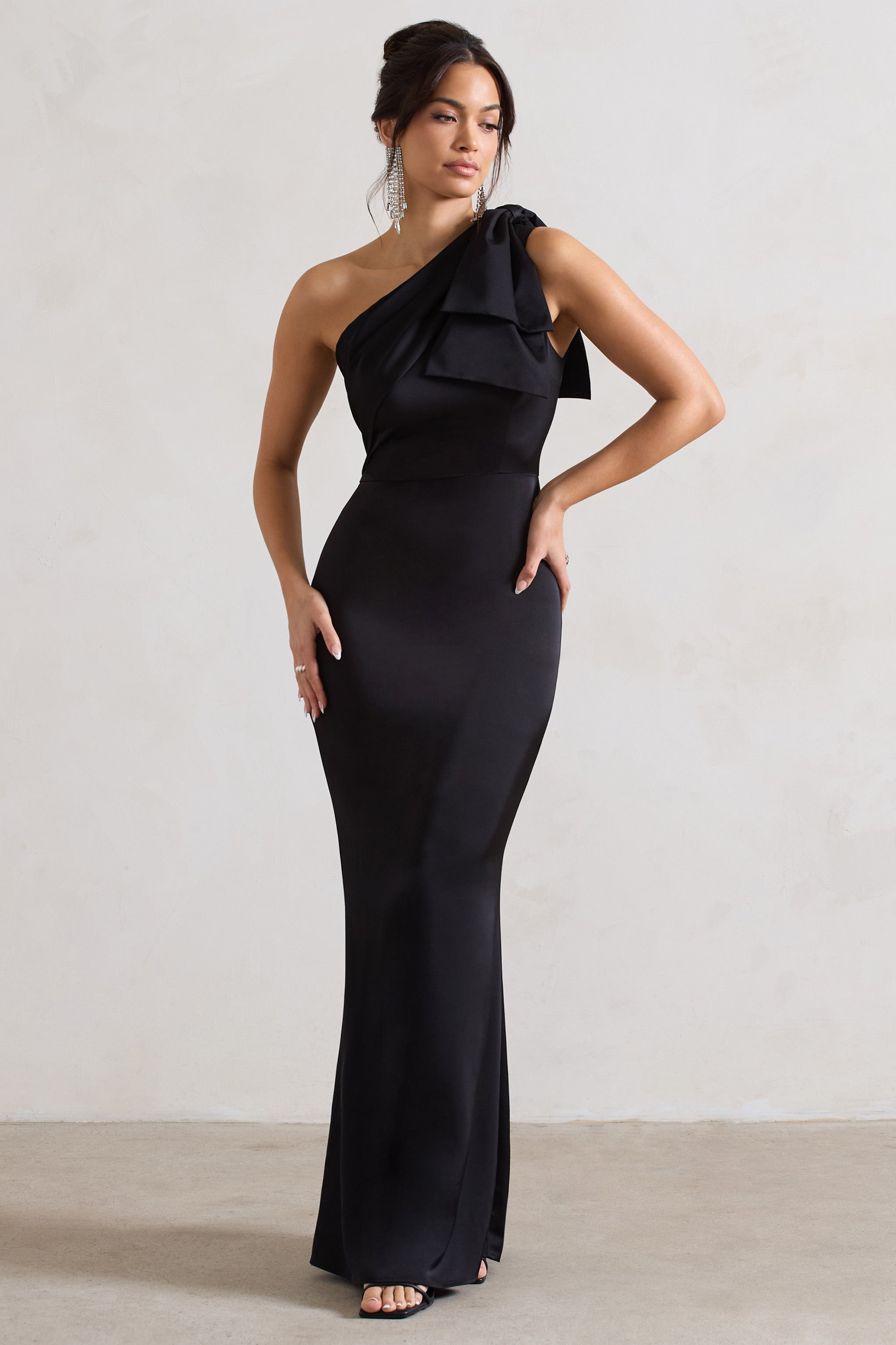 Lady Black Satin One Shoulder Maxi Dress With Bow