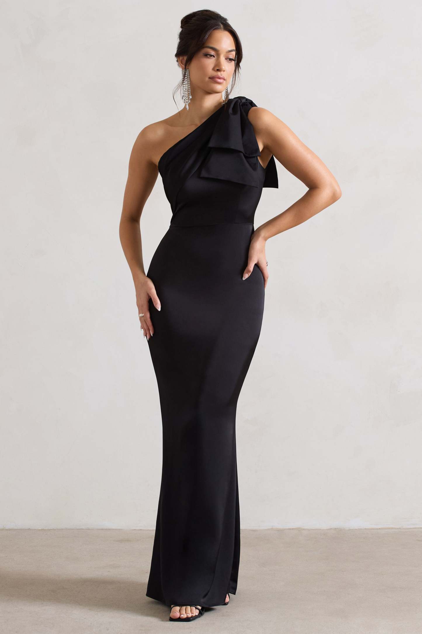 Lady Black Satin One Shoulder Maxi Dress With Bow