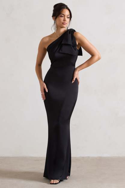 Lady Black Satin One Shoulder Maxi Dress With Bow