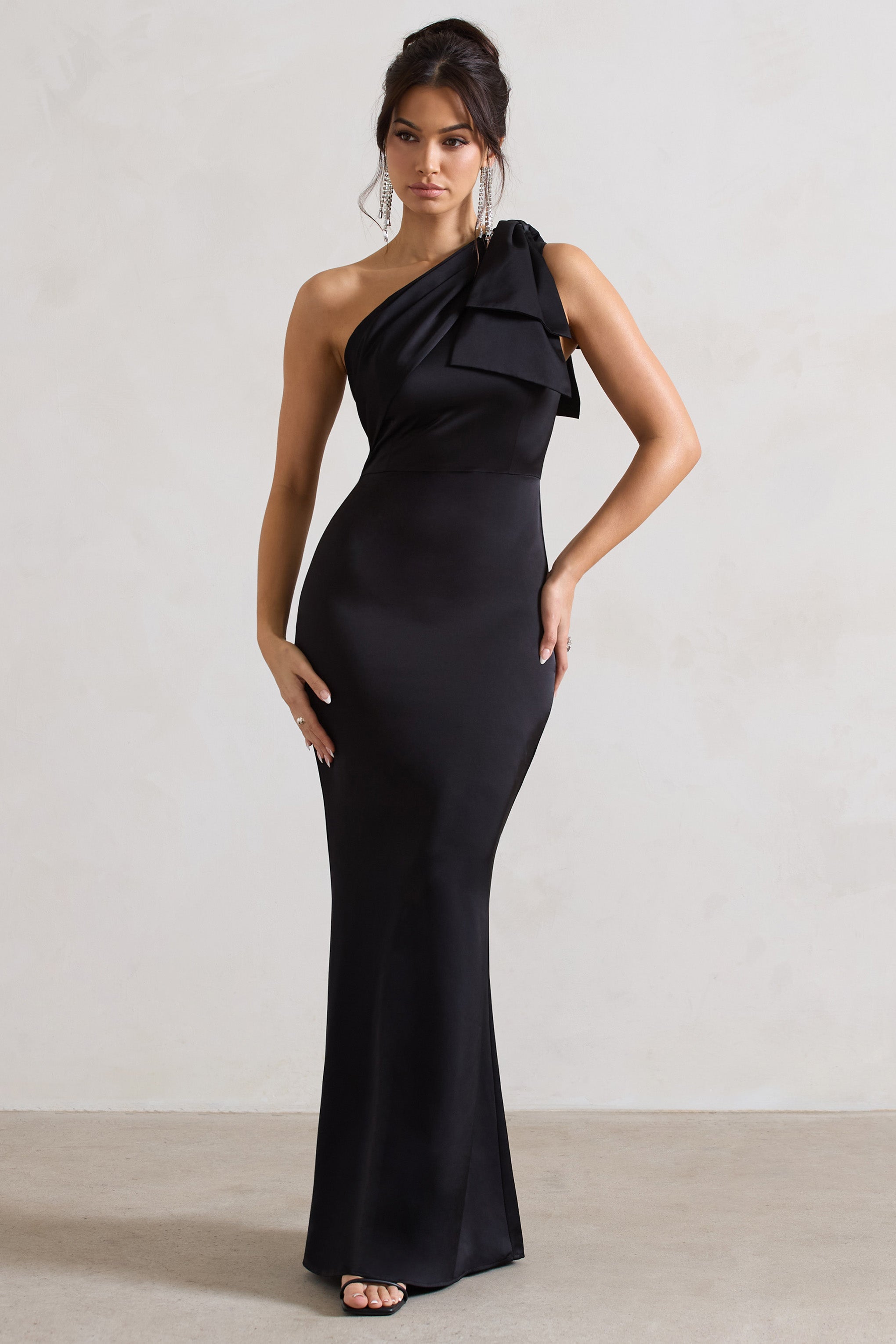 Lady Black Satin One Shoulder Maxi Dress With Bow