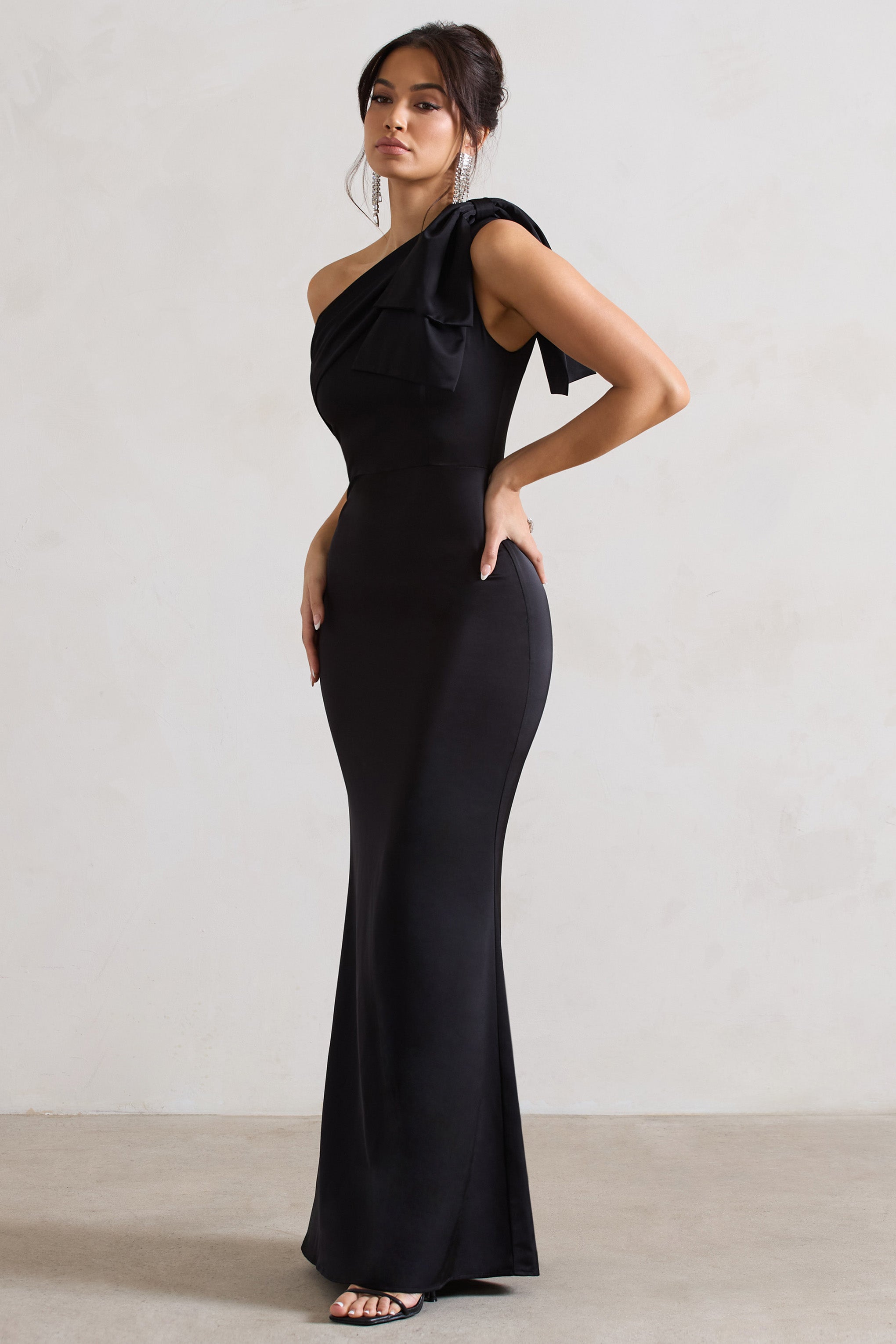 Lady Black Satin One Shoulder Maxi Dress With Bow