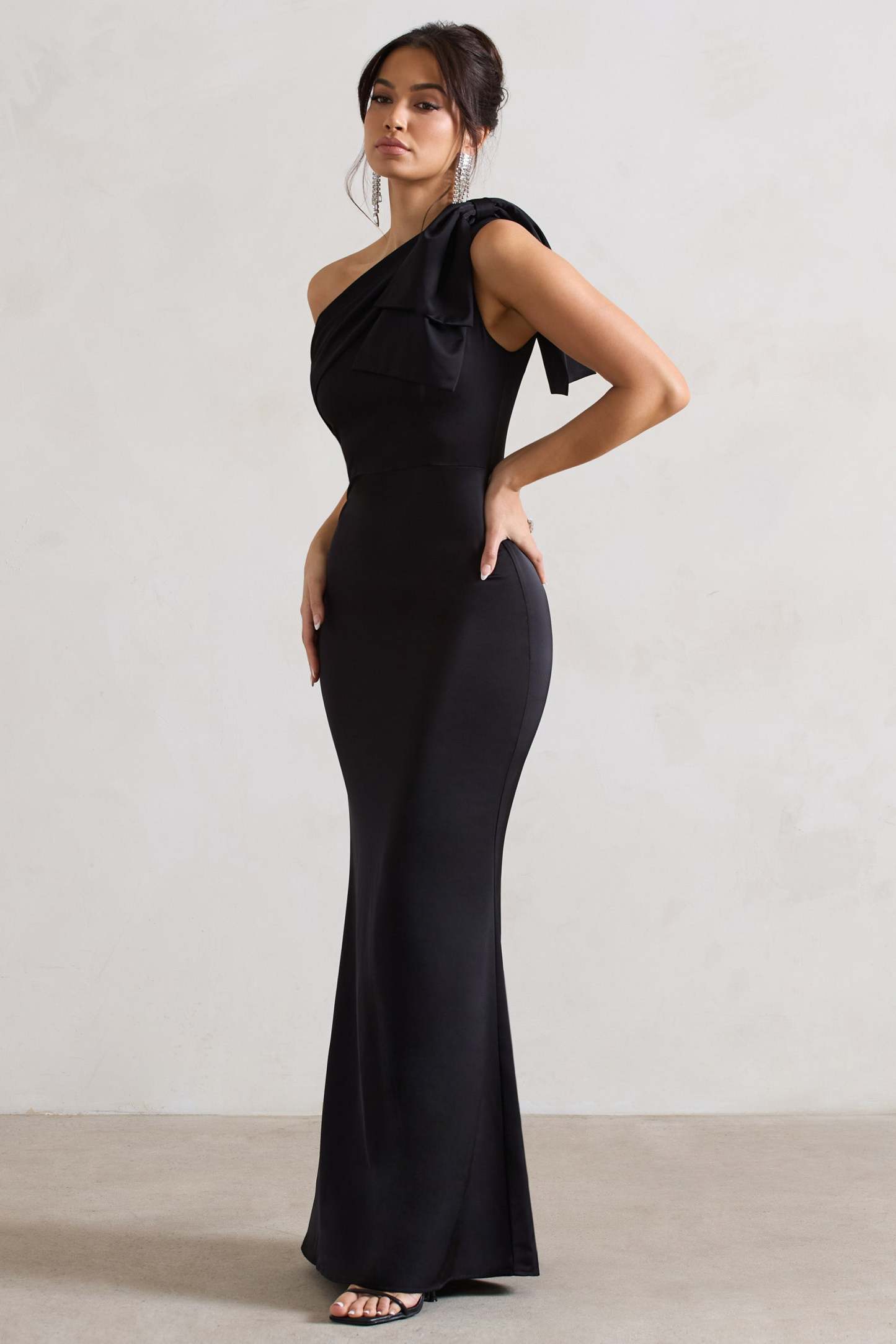 Lady Black Satin One Shoulder Maxi Dress With Bow