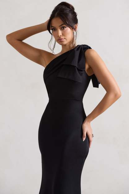 Lady Black Satin One Shoulder Maxi Dress With Bow