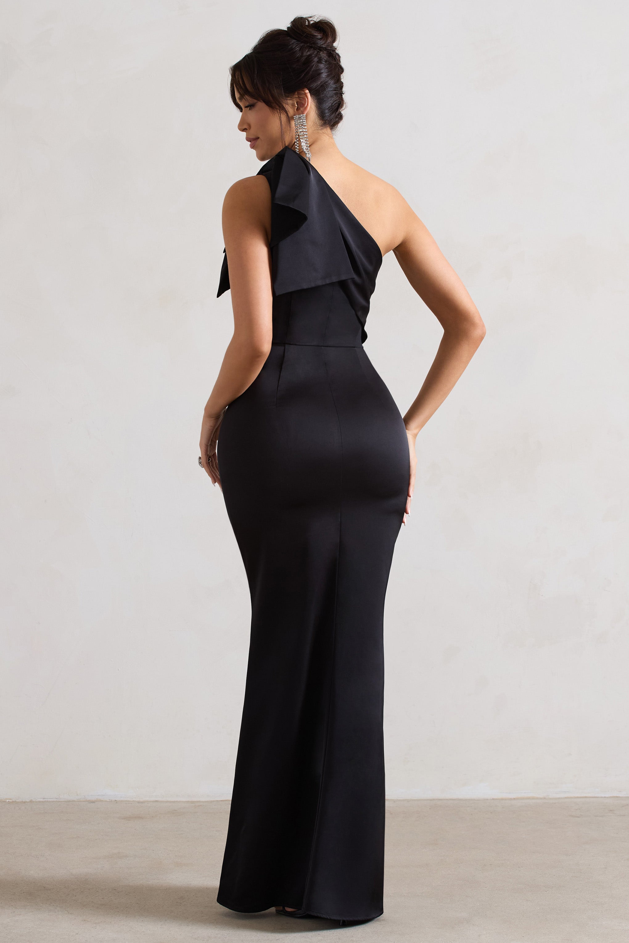 Lady Black Satin One Shoulder Maxi Dress With Bow