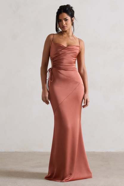 Carter Rust Satin Cowl-Neck Maxi Dress With Cut-Out-Babyboo Dress Store. All Rights Reserved.