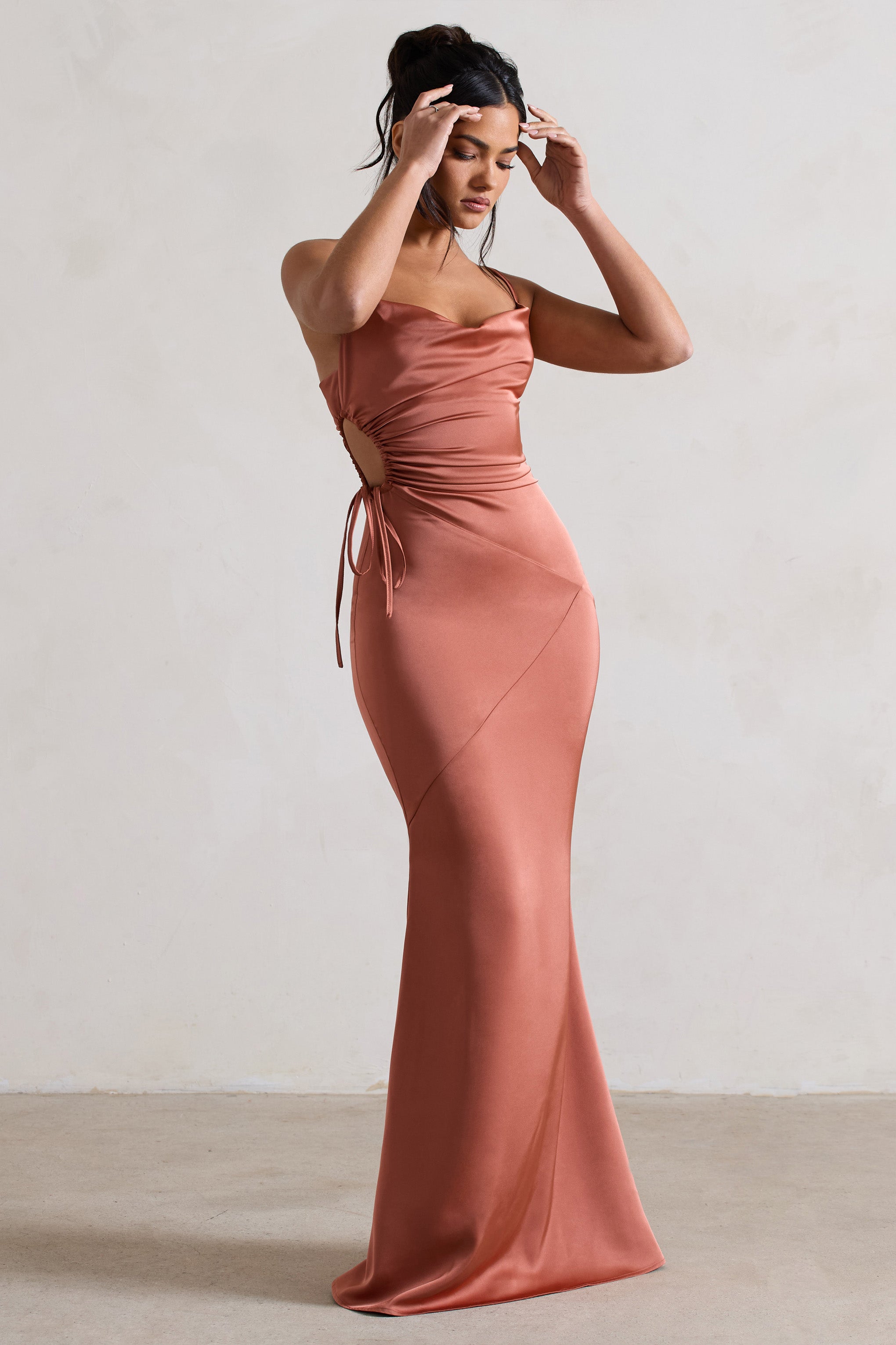 Carter Rust Satin Cowl-Neck Maxi Dress With Cut-Out-Babyboo Dress Store. All Rights Reserved.