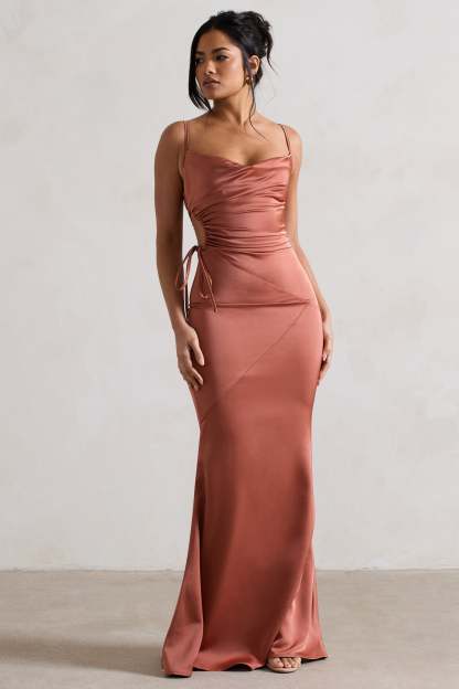 Carter Rust Satin Cowl-Neck Maxi Dress With Cut-Out-Babyboo Dress Store. All Rights Reserved.