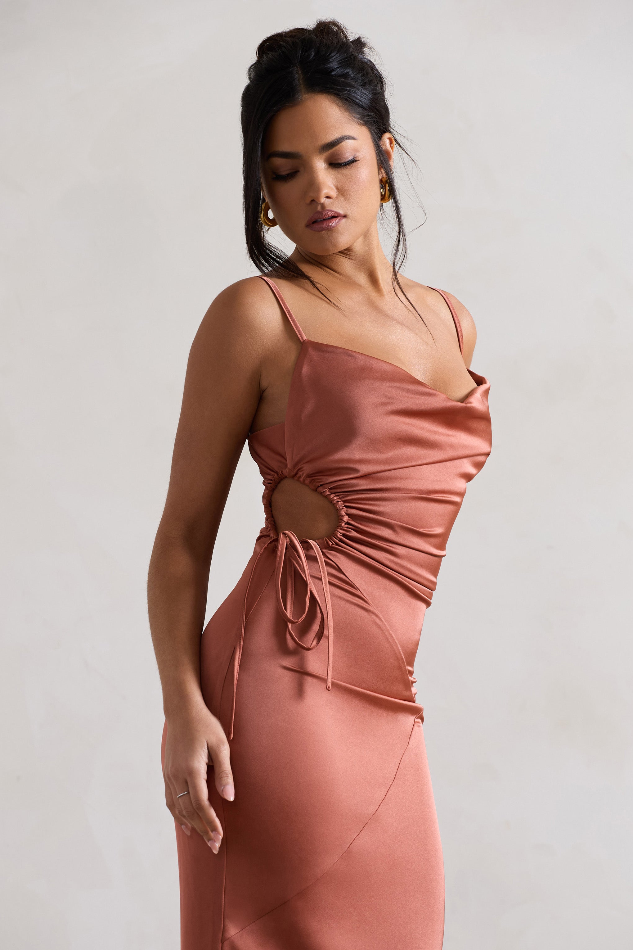Carter Rust Satin Cowl-Neck Maxi Dress With Cut-Out-Babyboo Dress Store. All Rights Reserved.