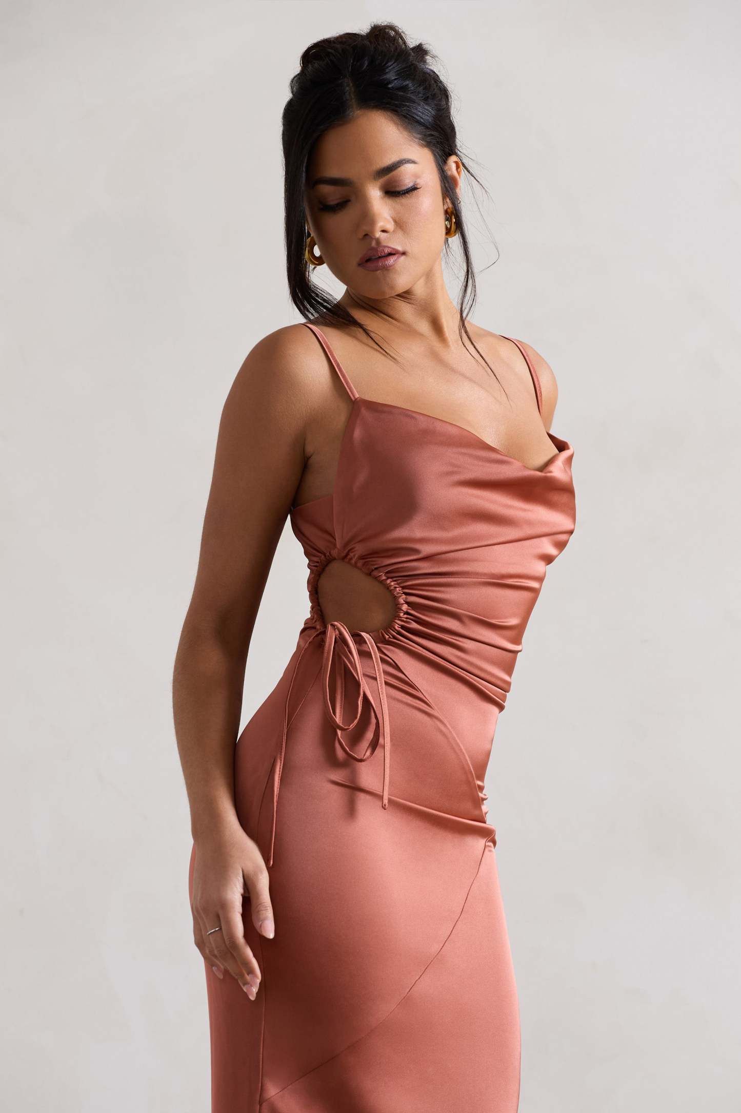 Carter Rust Satin Cowl-Neck Maxi Dress With Cut-Out-Babyboo Dress Store. All Rights Reserved.