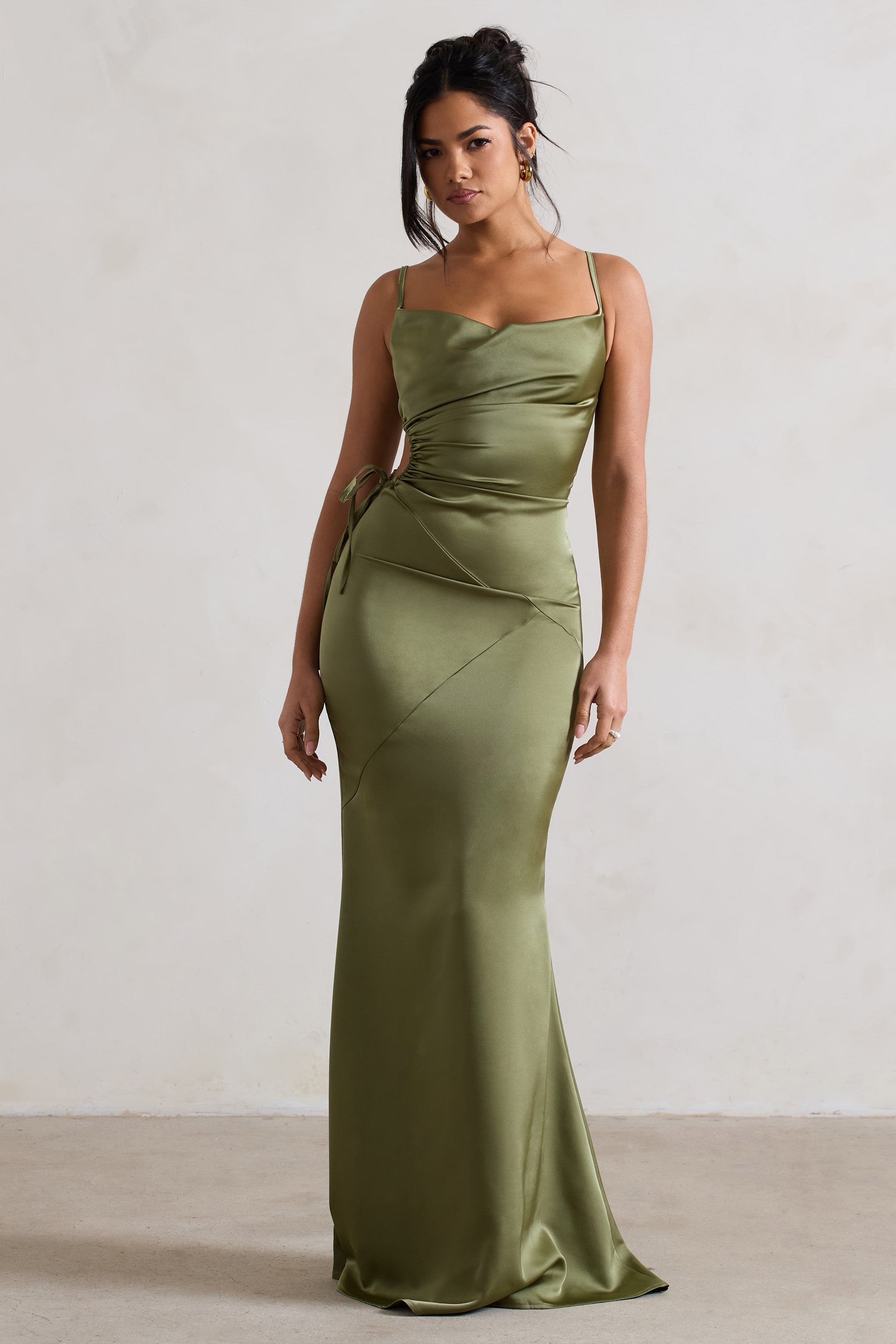 Carter Olive Green Satin Cowl-Neck Maxi Dress With Cut-Out-Babyboo Dress Store. All Rights Reserved.