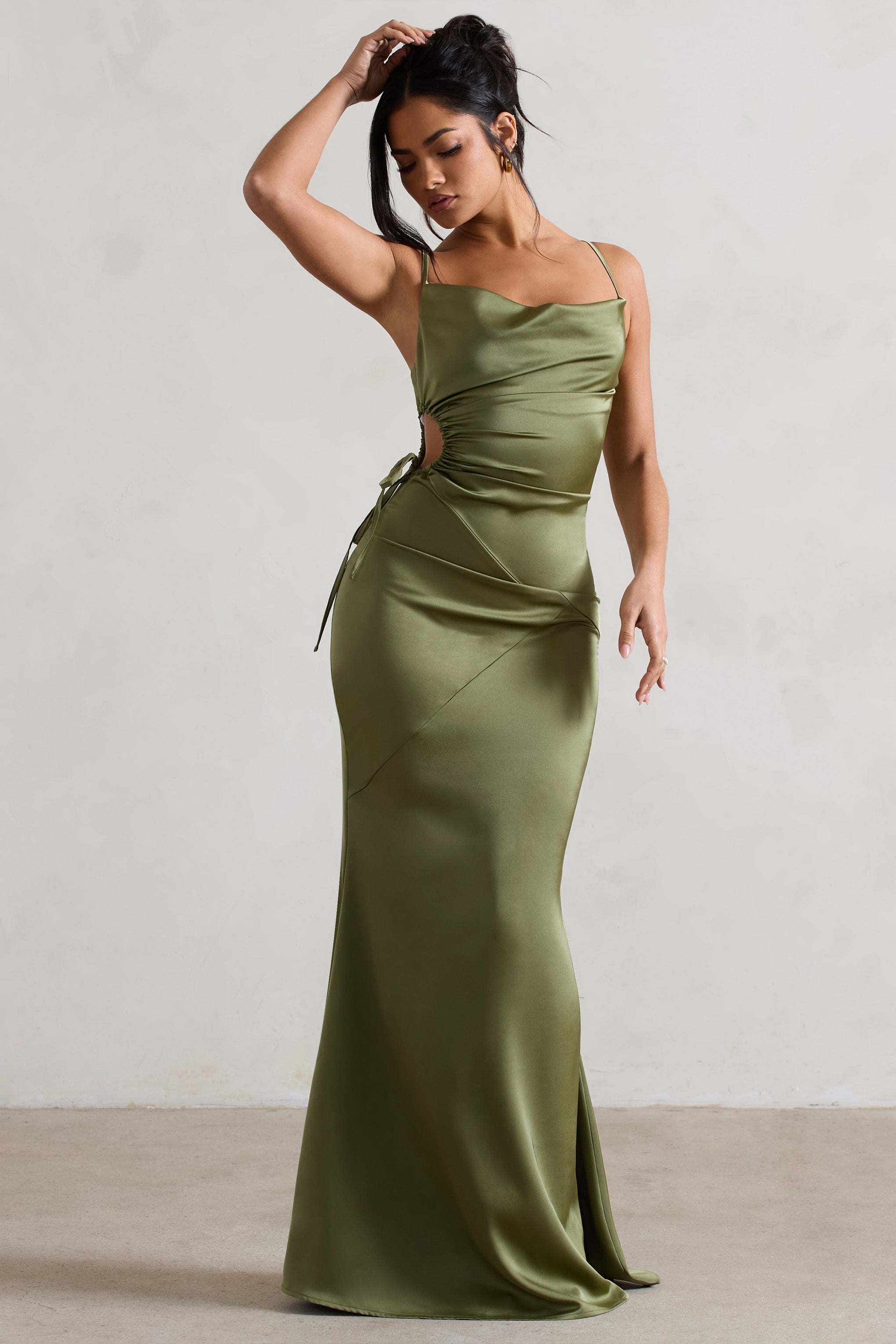 Carter Olive Green Satin Cowl-Neck Maxi Dress With Cut-Out-Babyboo Dress Store. All Rights Reserved.