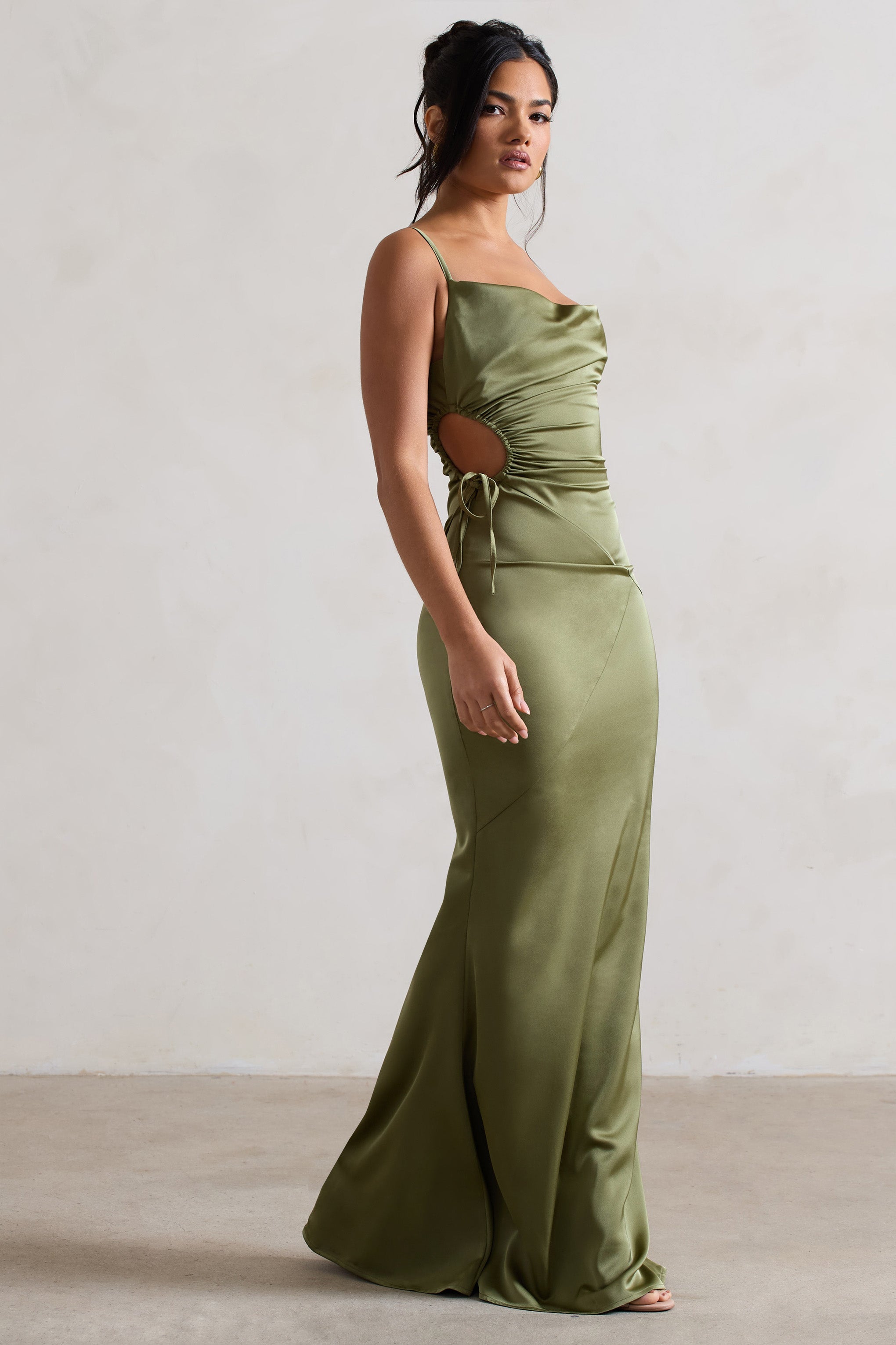 Carter Olive Green Satin Cowl-Neck Maxi Dress With Cut-Out-Babyboo Dress Store. All Rights Reserved.