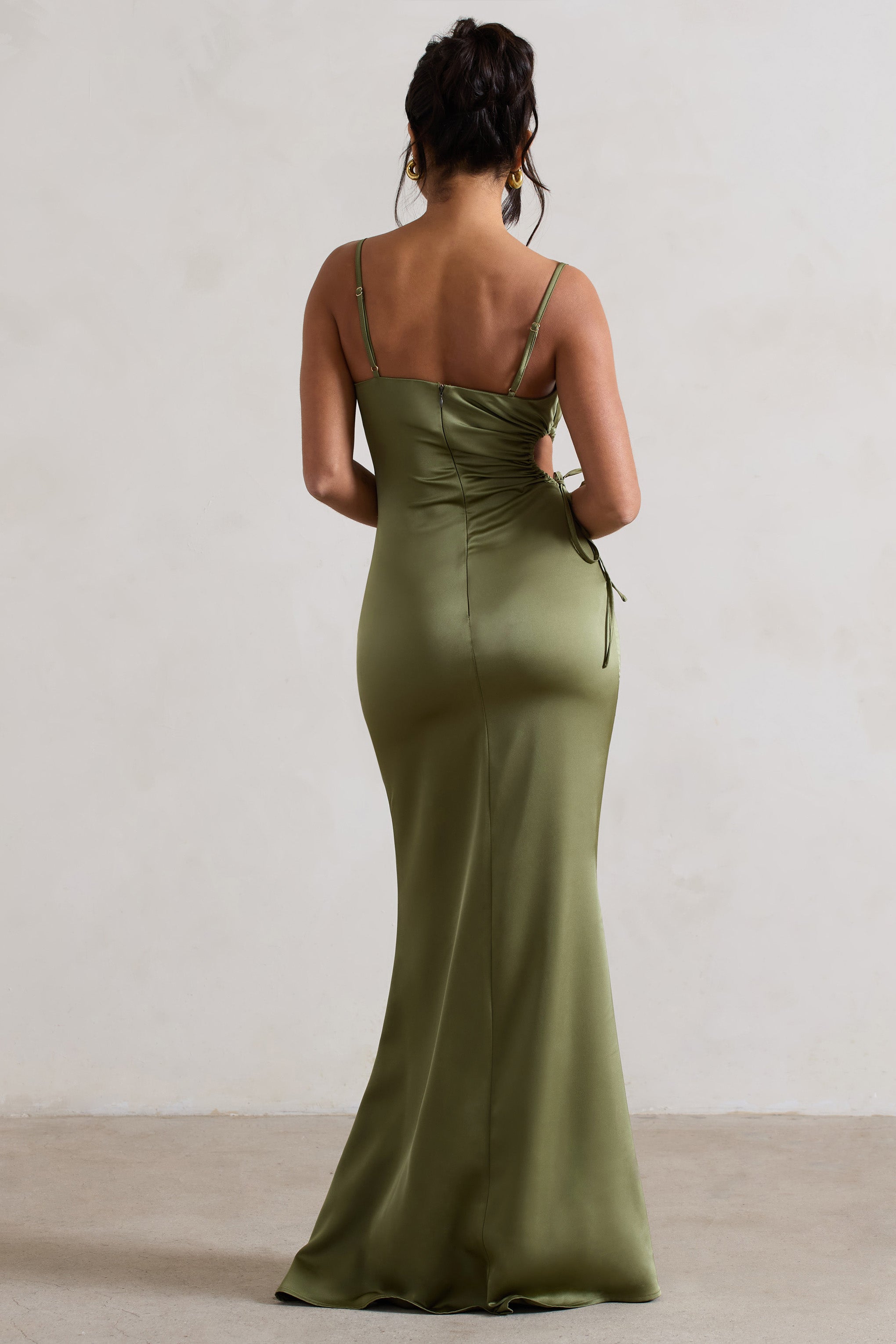 Carter Olive Green Satin Cowl-Neck Maxi Dress With Cut-Out-Babyboo Dress Store. All Rights Reserved.