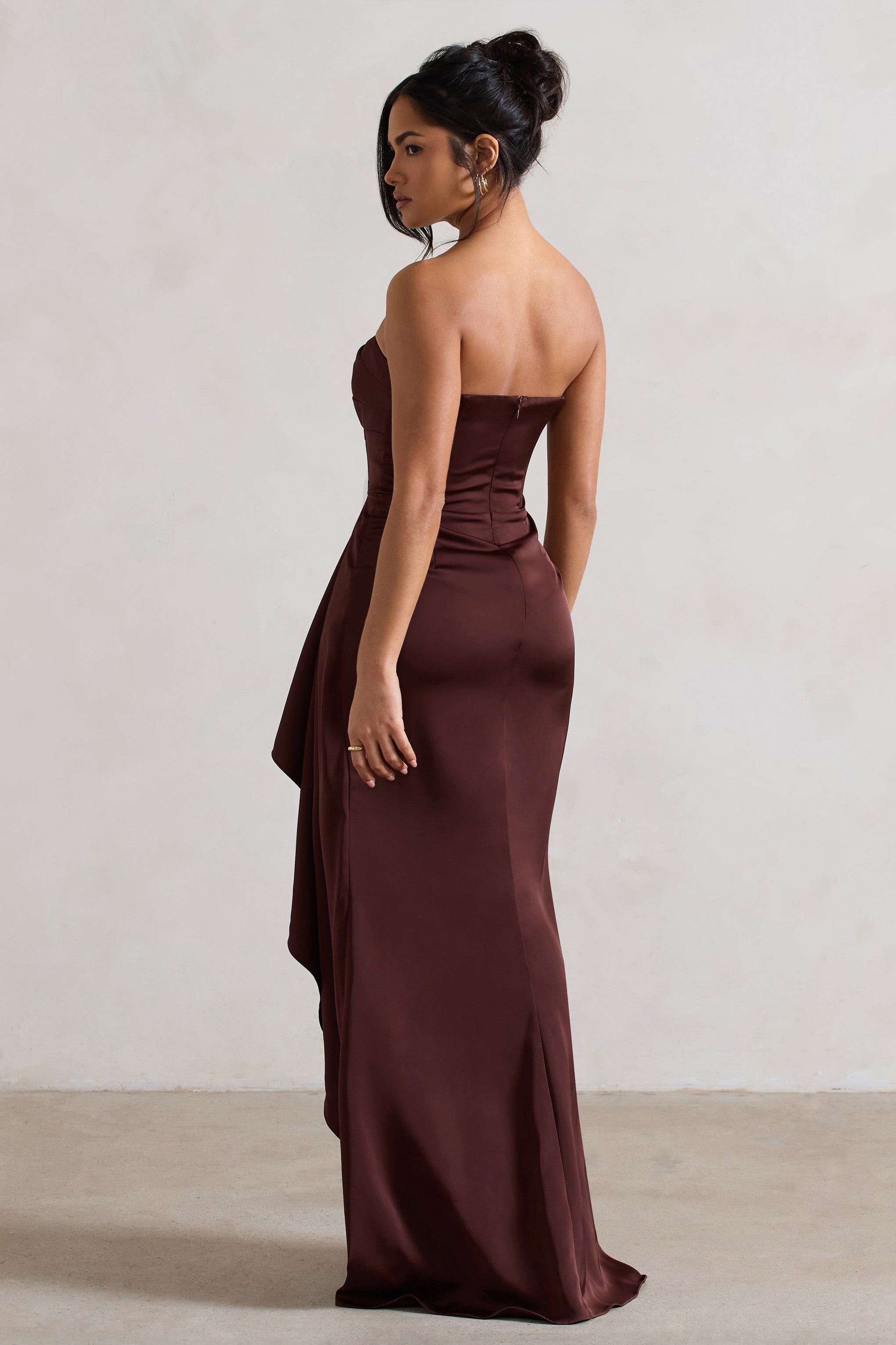 Ace Chocolate Brown Satin Bandeau Split Maxi Dress With Ruffle Drape