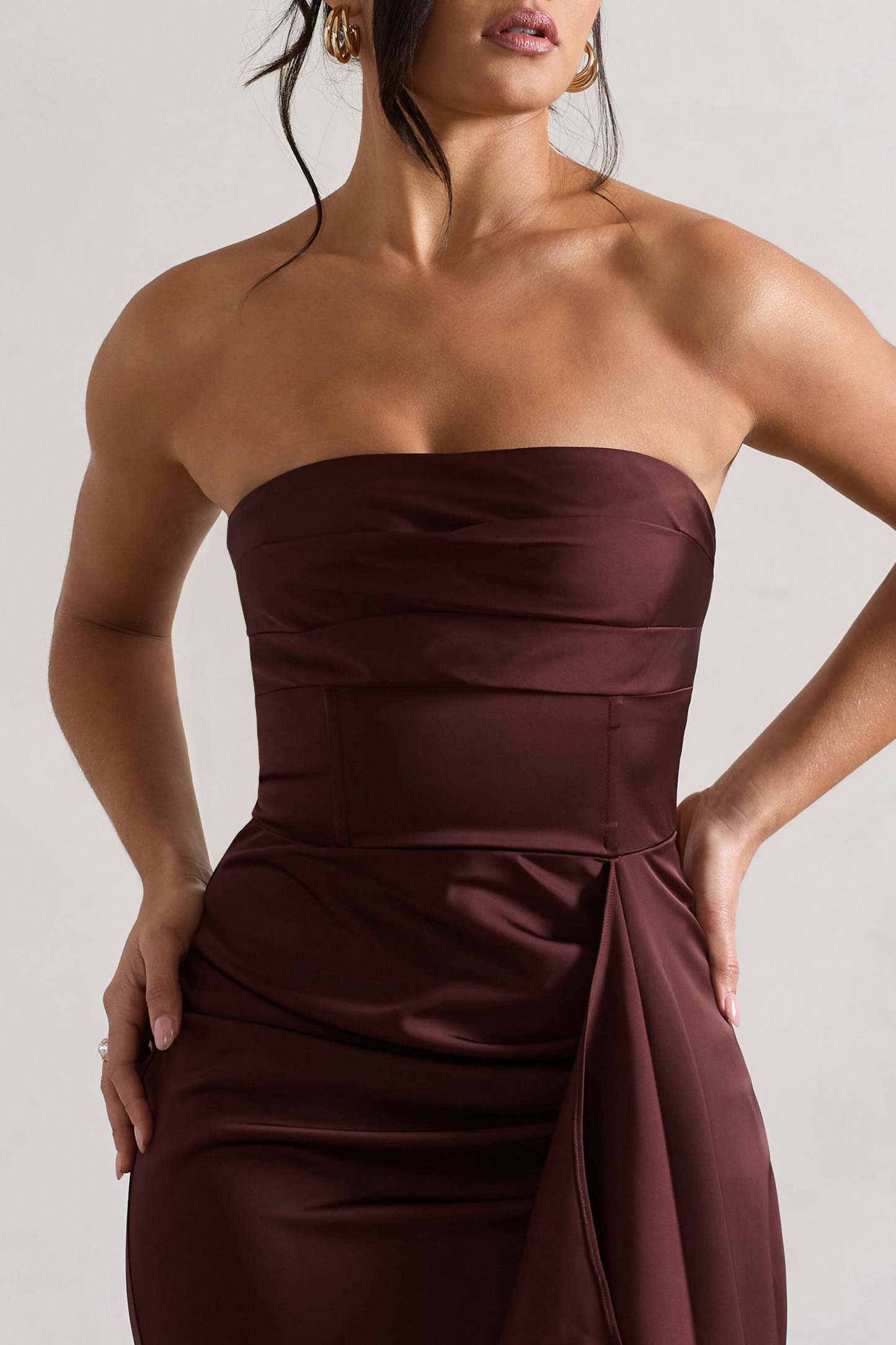 Ace Chocolate Brown Satin Bandeau Split Maxi Dress With Ruffle Drape