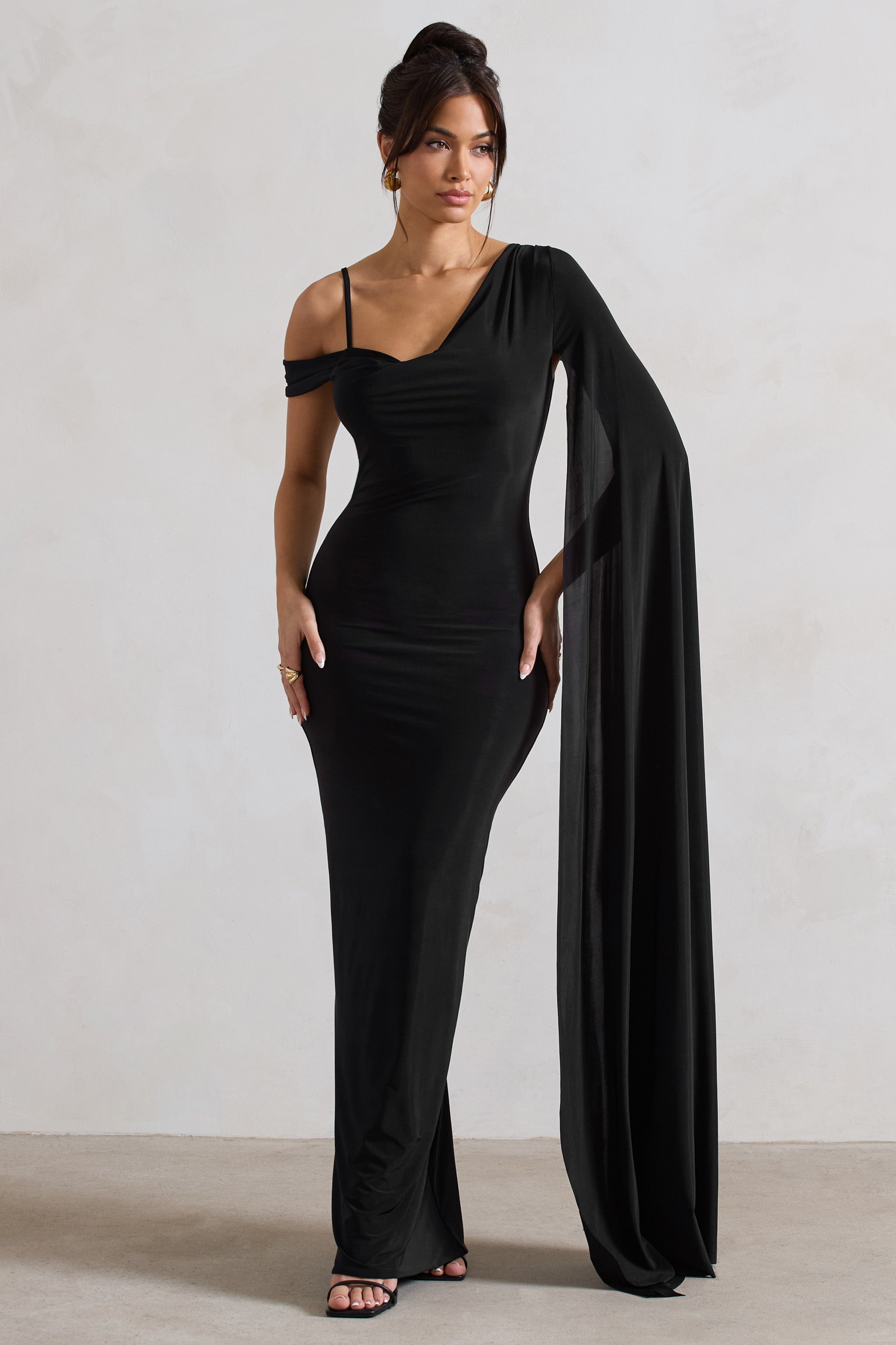 Pedra Black One Shoulder Cape Sleeve Draped Maxi Dress-Babyboo Dress Store. All Rights Reserved.